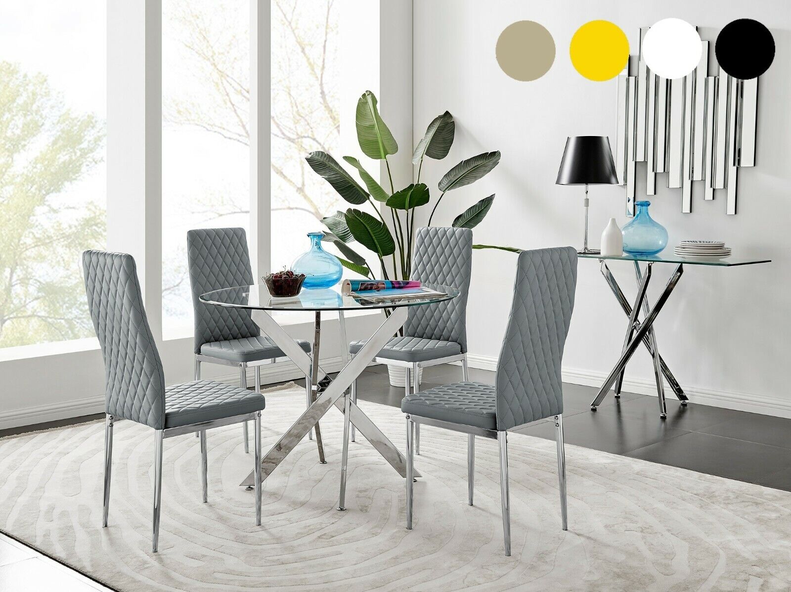 details about novara chrome round glass dining table and 4 milan faux  leather dining chairs