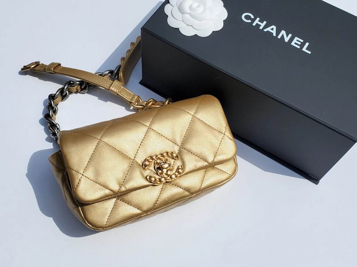 Authentic CHANEL 19 2020 Metallic Gold Goatskin Quilted Waist Belt Bag