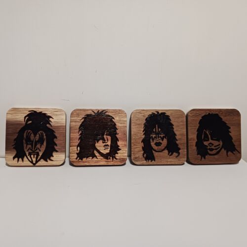 KISS Wood Coasters Set of 4 - Acacia Wood 4x4  Handcrafted Pyrography  - Picture 1 of 6