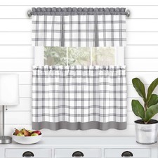 Plaid Checked 3-Piece Modern Window Kitchen Curtain, Solid Rod Pocket Top, Gray