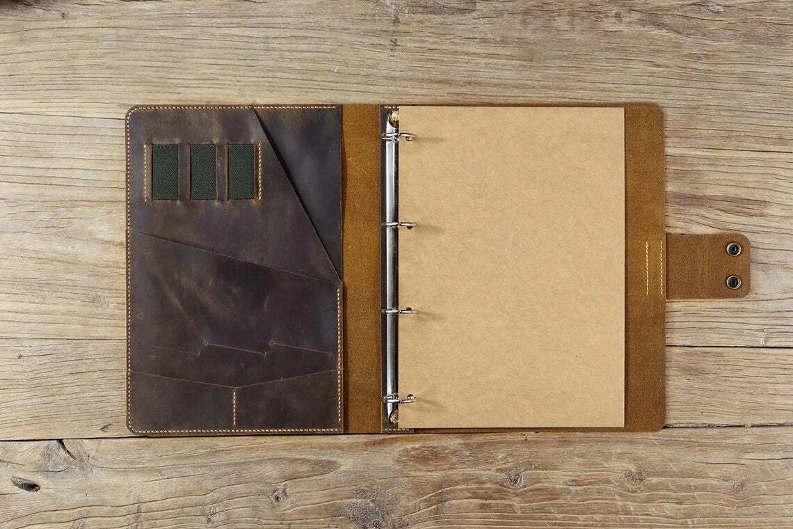 Vintage A4 leather portfolio case binder 4 ring,A4 leather business  padfolio