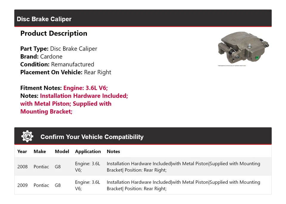 Задний правый суппорт дискового тормоза Pontiac G8 3,6 л V6 2008-2009 годов выпуска - Изображение 2 из 4