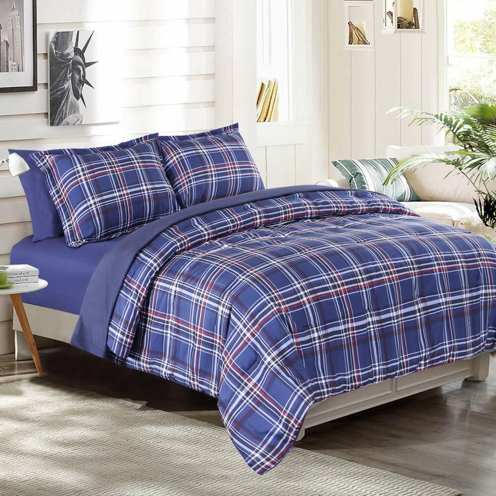 Twin XL Full Queen Bed Navy Blue Red Plaid Classic pc Comforter