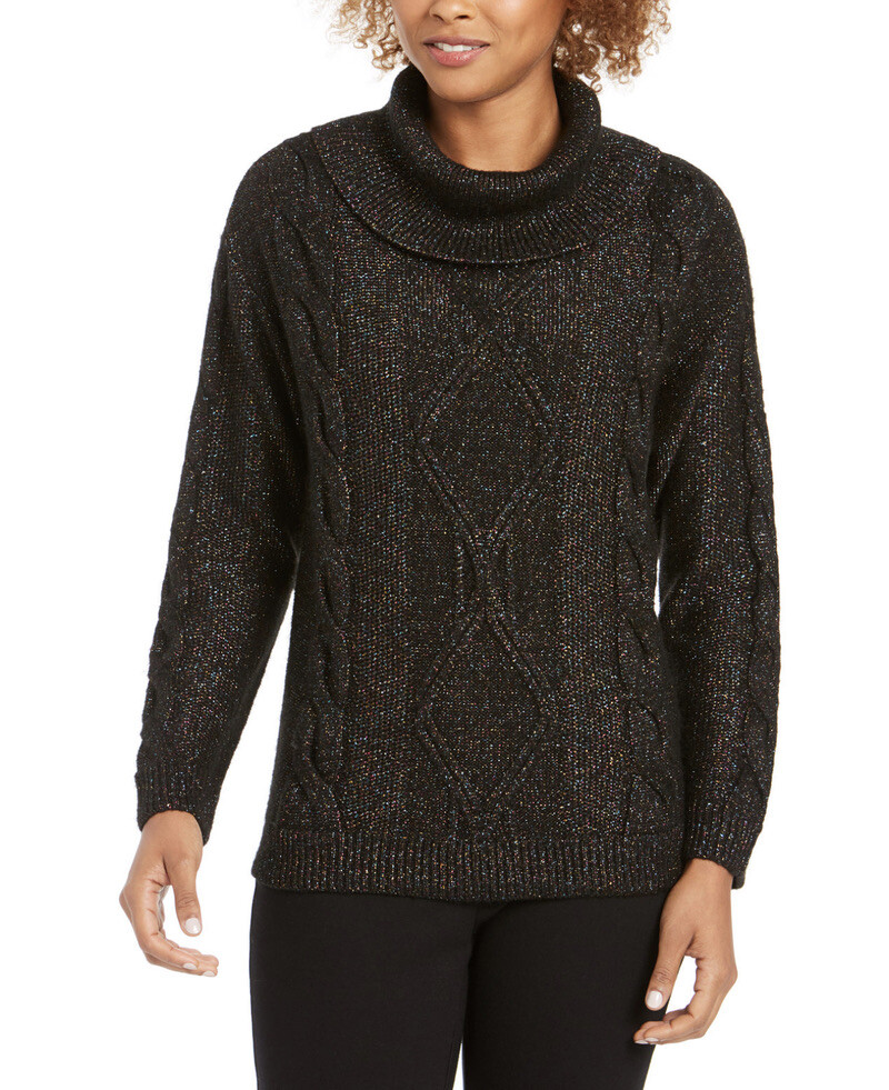 Womens Sweater Size M Charter Club Black Cowl-Neck Cable-Knit Glitter Pullover