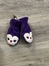The Childrens Place Girls Purple Print Winter Gloves Mittens SZ 12/24 Penguins