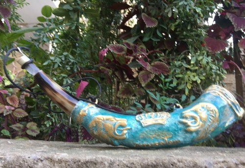 12-16" " Anointing Oil Painted Ram Shofar Horn Jerusalem+ With Wood Stand - Mad - Picture 8 of 13