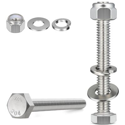 12 Sets 1/4-20x5'' Hex Head Screw Bolt Lock Nuts Flat Lock Washers Kit