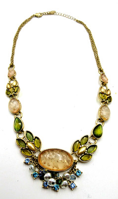 VTG SIGNED V 18'' adj to choker Necklace blue green bead faux pearl gold tone