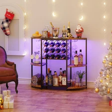 Wine Bar Cabinet with LED Lights, Mini Wine Rack with Storage and Glass Holder, 