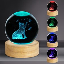 3D Cat Crystal Ball Night Light 2.4in Table Lamp Decor with 16 Colors Change ...