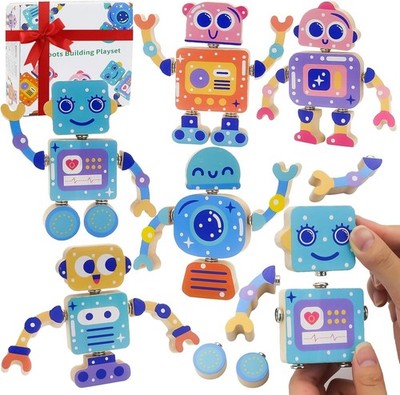 Robots Wooden Snap-Together Building Toys   28-Piece STEM Montessori...