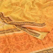 Sanskriti Vintage Saree Yellow-Orange Pure Crepe Floral Print Sari 5.5 Yd Fabric