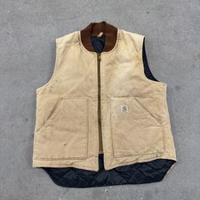 Vintage Carhartt Duck Vest Mens Large Tan Quilted Lined Full Zip Worn Grunge