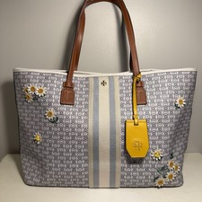 Tory Burch Gemini Link Floral Embroidered Canvas Tote Shoulder Bag Large Brown
