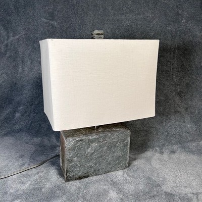 Crate & Barrel Modern Stone Minimalist Table Lamp Rectangular Linen Shade Gray