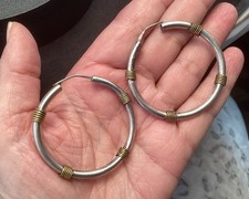Vintage Large Silver Tone Hoops With Brass Coil Accent Post Earrings