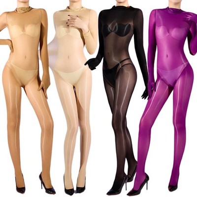 Damen Öl-Glanz Bodystocking Transparent Stretch Catsuit Overall Body Strumpfhose