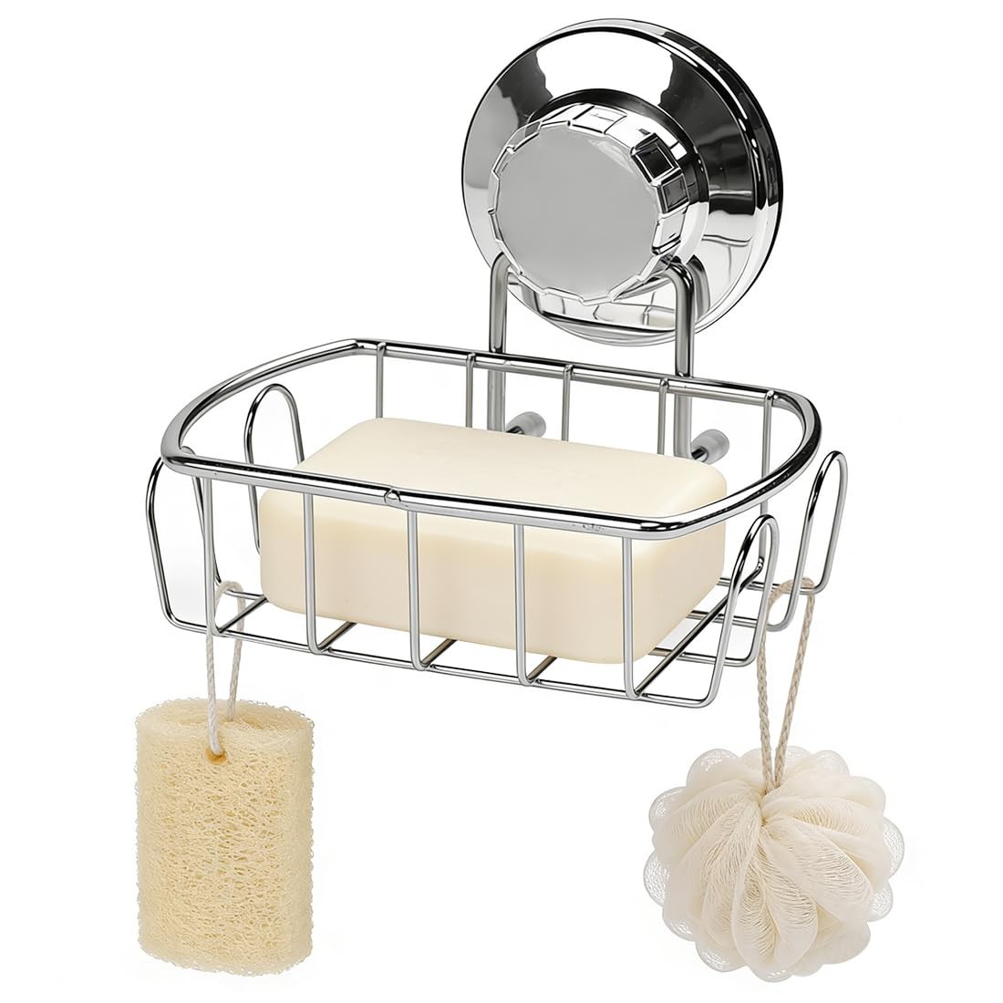 Suction Soap Dish for Shower with Hooks, Stainless Steel Wall Mounted Soap Rack