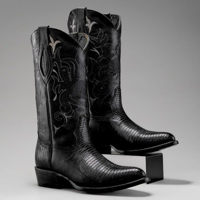 Men s Genuine Leather Exotic Lizard Skin Print J-Toe Cowboy Western Boots -Black