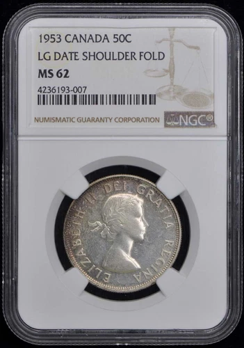 1953 CANADA LG DATE SHOULDER FOLD 50C NGC MS62