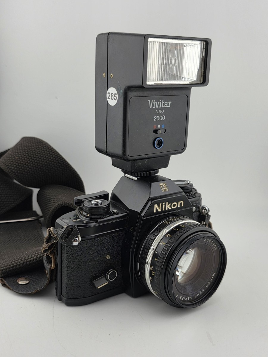 Vintage 70's Nikon EM 35mm Film Camera + 50mm f1.8 Lens + Vivitar