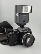 Vintage 70's Nikon EM 35mm Film Camera 50mm f1.8 Lens Vivitar Flash Untested