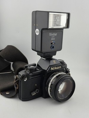 Vintage 70's Nikon EM 35mm Film Camera + 50mm f1.8 Lens + Vivitar