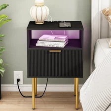 Modern Nightstand with Charging Station and LED Lights, Black 