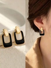 Black Geometric Drop Earrings Gold Tone One Size