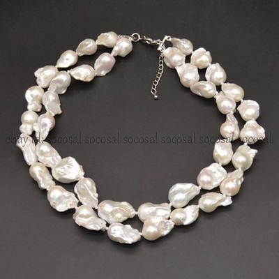 2 Strands Natural Luster White Keshi Baroque Pearl Real Pearl Necklace 17-19''