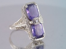 VINTAGE ART DECO 14K WHITE GOLD FILIGREE DIAMOND  AMETHYST RING sz 4 1/4