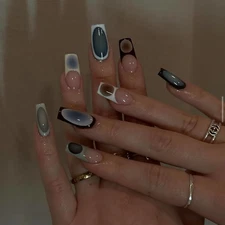 French Tip Press on Nails Long Square Fake Nails Blue Chrome Acrylic Nails Gloss