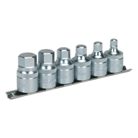 Sealey Premier Stubby Hex Socket Bit Set with Rail 1/2""Sq Drive 6pc AK6561