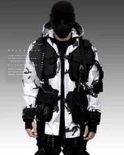 Men's Techwear White Camouflage Jacket Hoodie Full Zip Buckle H-G B.O.M.B 04/CMW