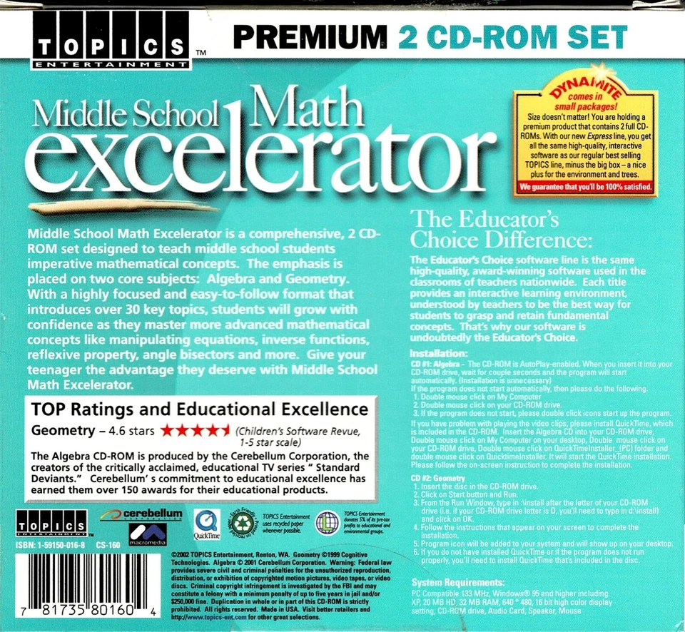 Middle School Math Excelerator Pc New XP Algebra Geometry by College Professors - Image 2 of 3