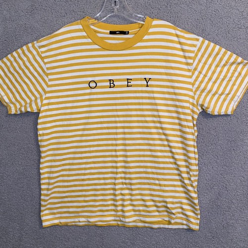 Obey Mens Medium Yellow Striped T Shirt 