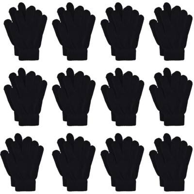 12 Pairs Kids Winter Stretchy Warm Knit Magic Black Gloves One-Size Fits 