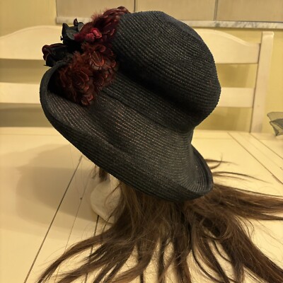 Eric Javitz Cloche Black Hat With Burgundy Feathers & Black  display picture 2