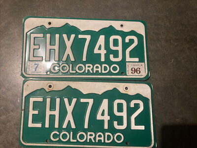 License Plate Vintage Matching Pair Colorado 1996 EHX7492 Rustic USA