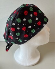 Large Black Holiday Scrub Cap Surgical Medical Hat Veterinarian Paw Dog Cotton