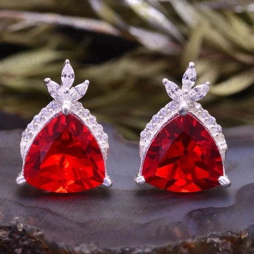 4.70carat Trillion Cut Natural Ruby & Diamond Stud Earring 18k White Gold Plated