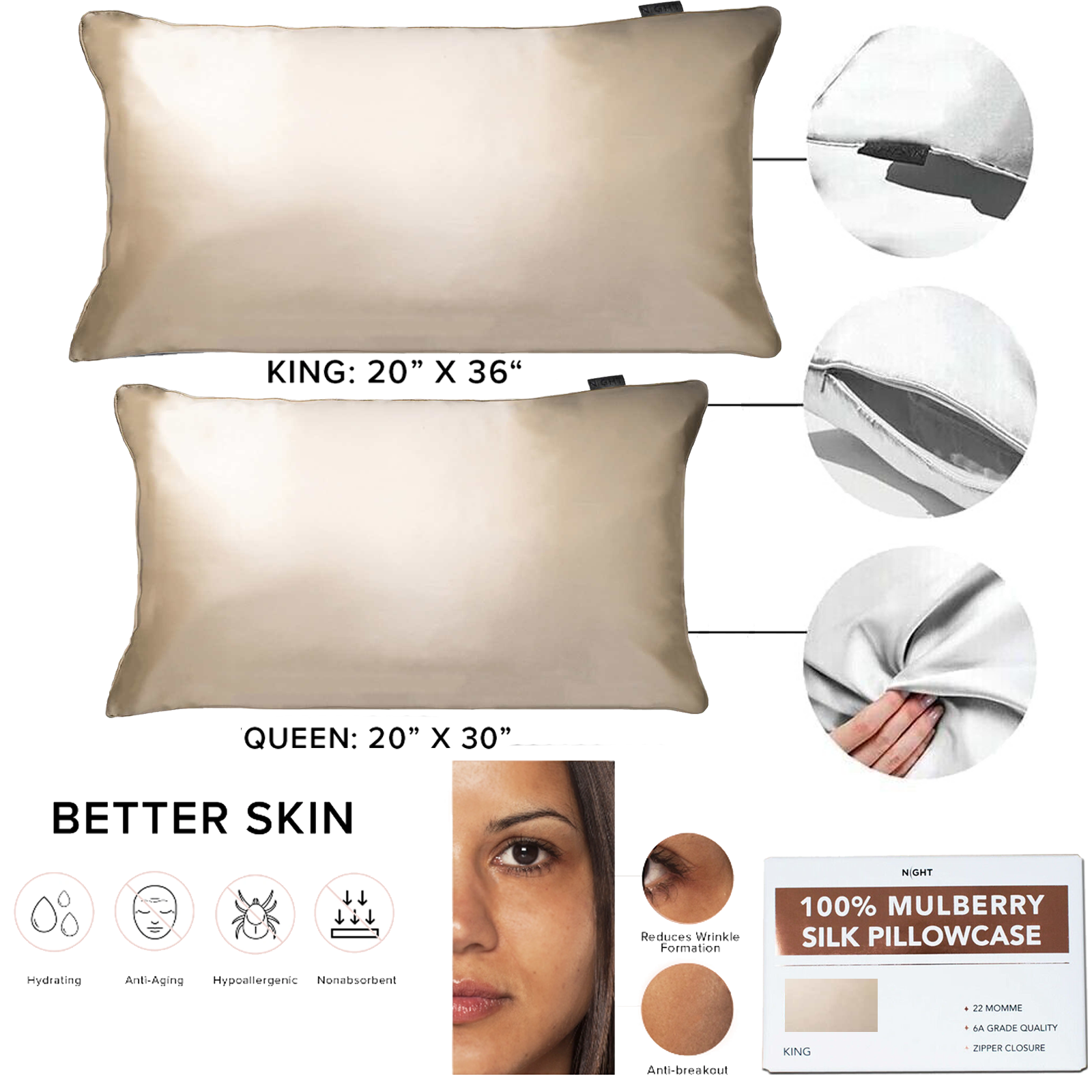 100% Mulberry Silk Pillowcase Bed Pillow Case for Hair and Skin With Zipper