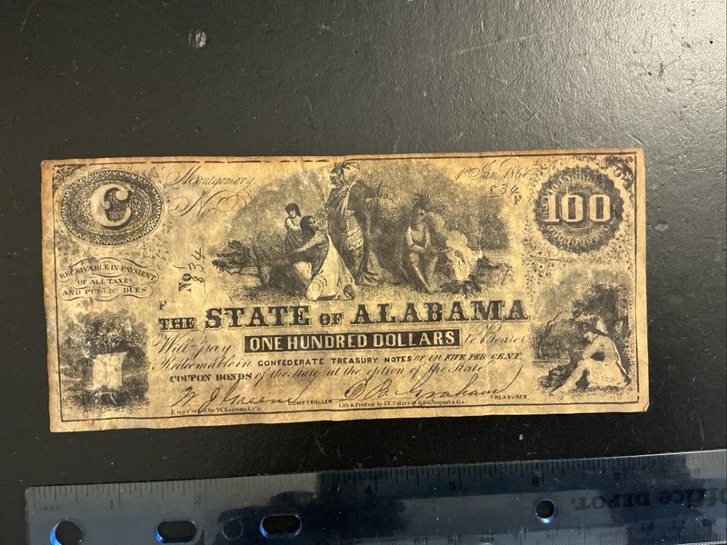 State Of Alabama Reproduction $100 BIll #834 Confederate Treasury Note