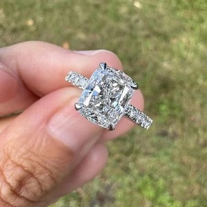 Authentic 3TCW Elongated Cushion Moissanite Halo Engagement Ring 14K White Gold Plated