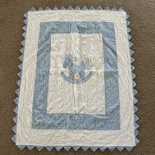 Vintage Crib Blanket Quilt White Blue Boy Girl Checkered Rocking Horse 36x44