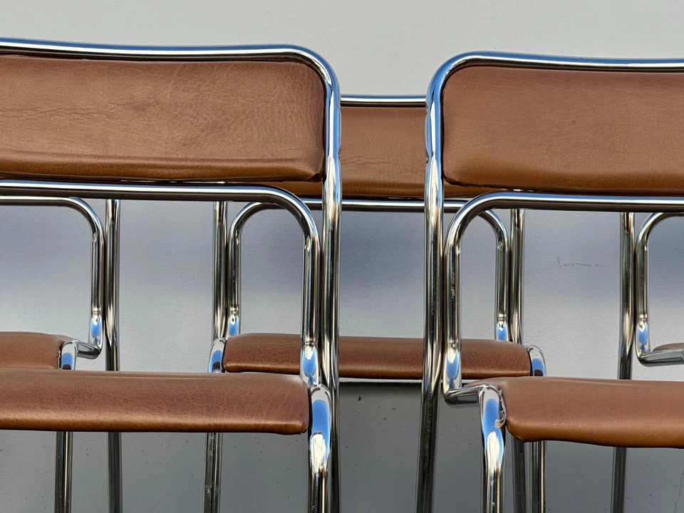Vintage Bauhaus Chrome Tubular Steel Chair, Brown Faux leather dining chairs - Bild 2 von 4