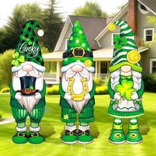 3 Pcs St. Patrick's Day Yard Signs Shamrock Gnome Outdoor Decor with Stakes 3...