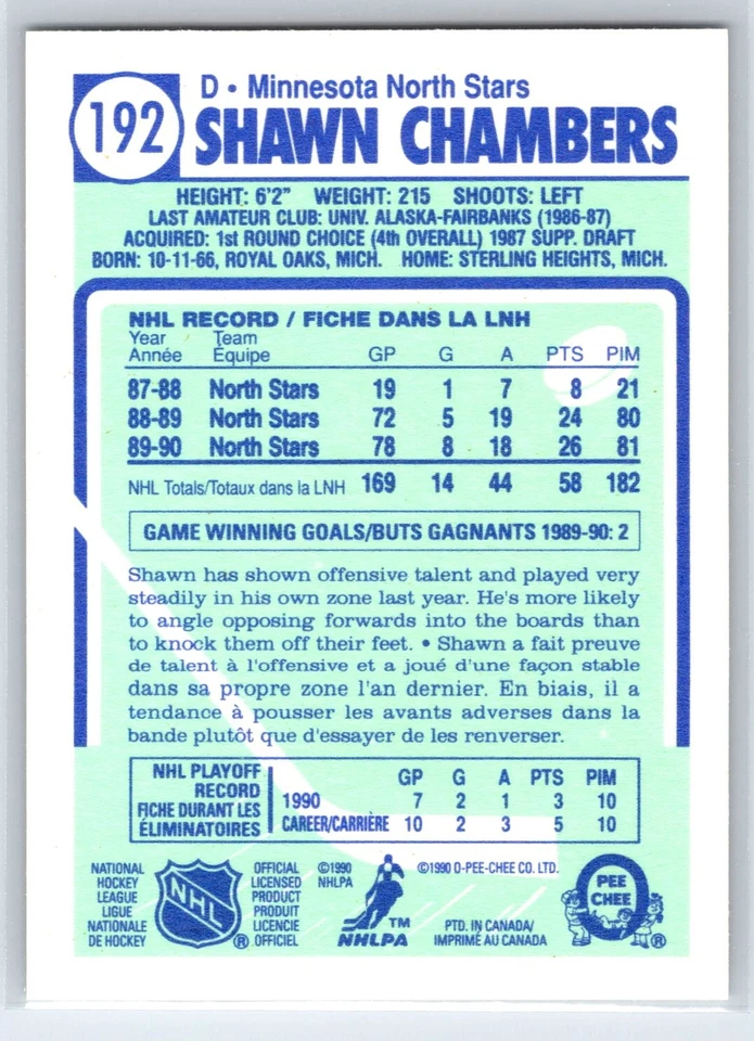 1990-91 O-Pee-Chee Shawn Chambers Minnesota North Stars #192 - Image 2 of 2