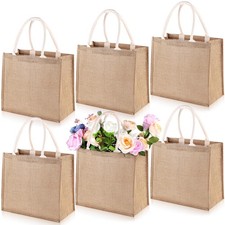 6 PCS Brown Large Jute Burlap Beach Gift Bags Laminated Interior Reusable Tote
