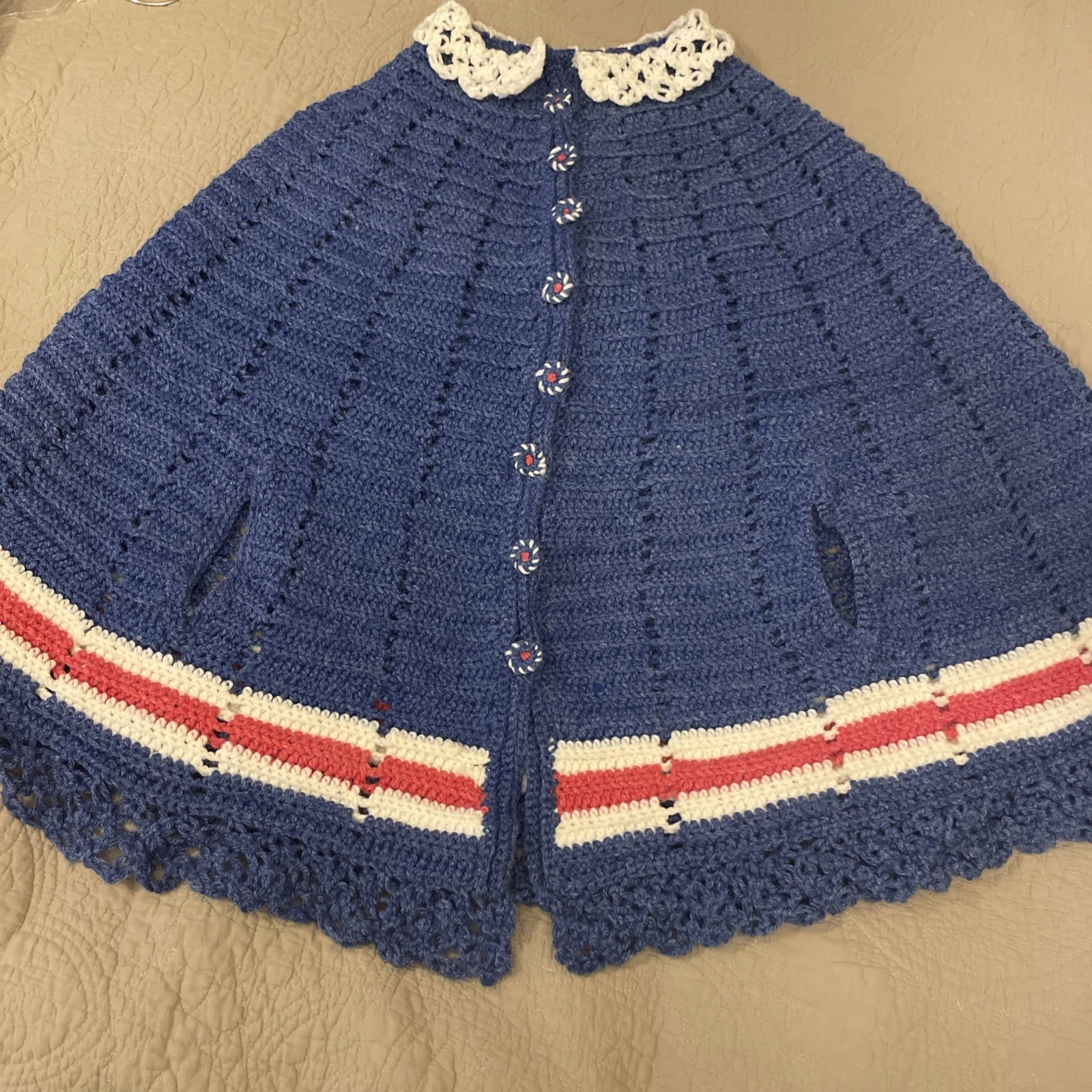 Vintage Handmade Crochet Womens Poncho Cape Granny Cottage Shawl Knit Blue
